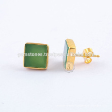 Natural Green Chrysoprase Square Flat Gemstone Stud Earrings, Gold Plated Silver Gemstone Bezel Earring Jewelry Supplier